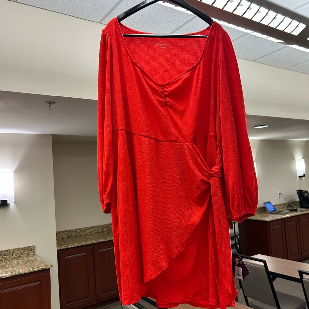 AVA & VIV Red Long-Sleeve Wrap Detail Women’s Dress Size 2X Great color!! NWT
